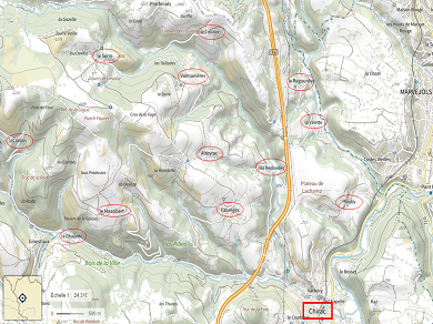 Carte IGN des hameaux de la commune de Chirac (Lozère)