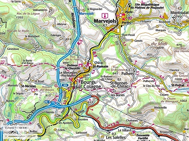 Carte IGN des principaux axes routiers autour de Chirac (Lozère)