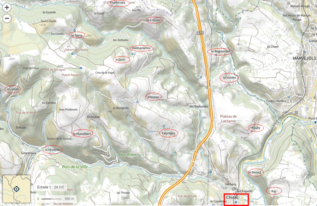 Carte ING des hameaux de Chirac (Lozère)