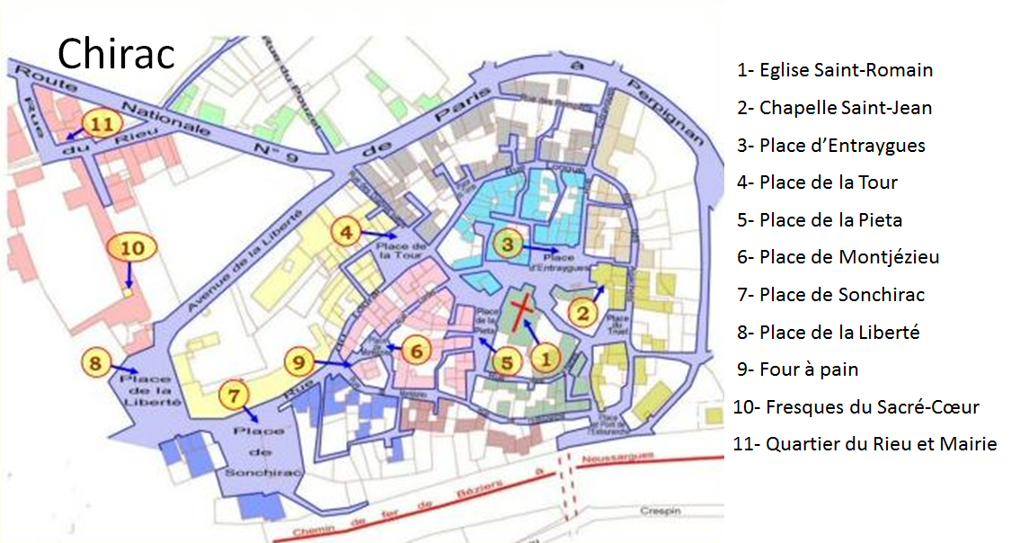 Plan du village de Chirac (Lozère) et localisation des principales curiosités